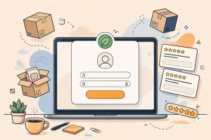 Illustration of the Amazon Vine login: a laptop showing a sign-in screen with a green leaf badge, surrounded by product boxes, star ratings, and review cards