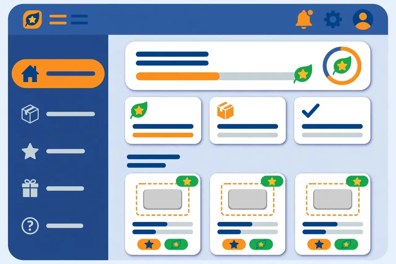 Illustration of the Amazon Vine reviewer dashboard with product tiles, green leaf badges, a review progress bar, and navigation menu