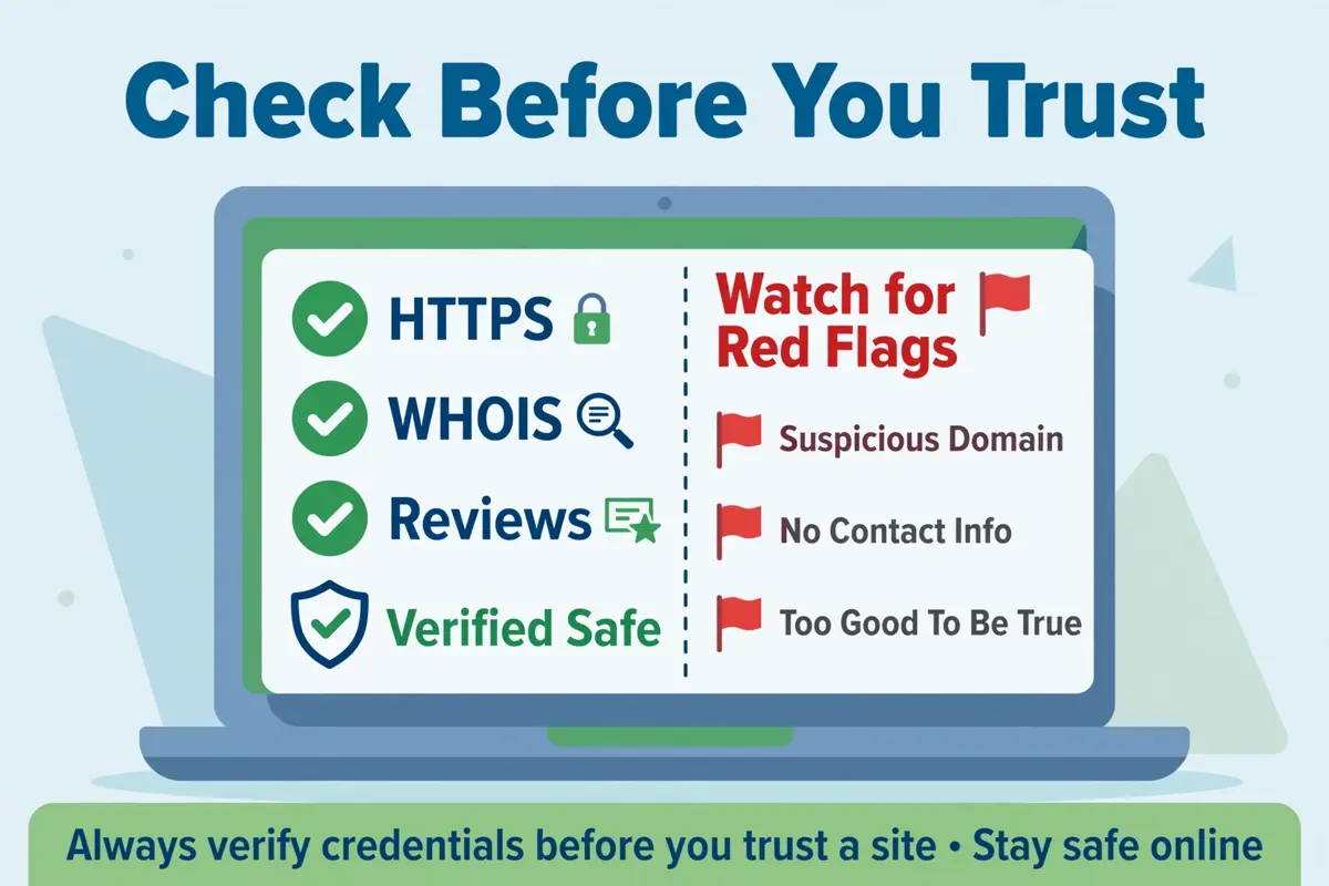 Laptop checklist showing HTTPS, WHOIS and review checks alongside red flags to watch for