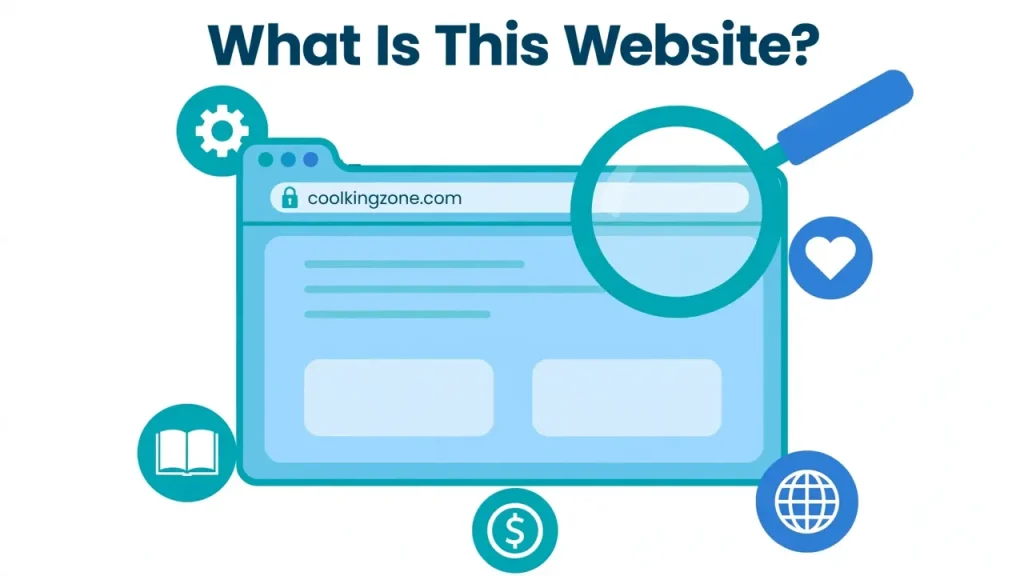 Illustration of a browser window under a magnifying glass with the headline What Is This Website, representing an explainer of coolkingzone com