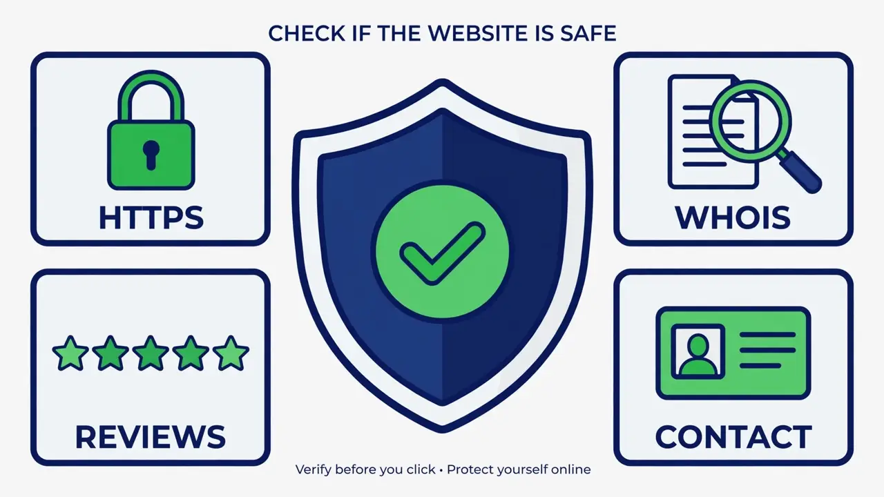 Infographic showing how to check if a website is safe, with HTTPS, WHOIS, reviews, and contact verification checks around a shield icon
