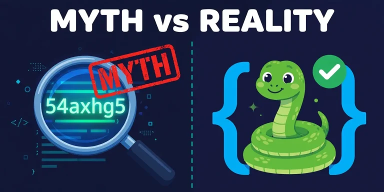 Myth vs reality illustration showing the string 54axhg5 under a magnifying glass stamped MYTH next to a friendly snake representing real Python