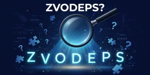 Illustration of a magnifying glass decoding the mysterious term Zvodeps, with glowing letters and question marks on a dark blue background