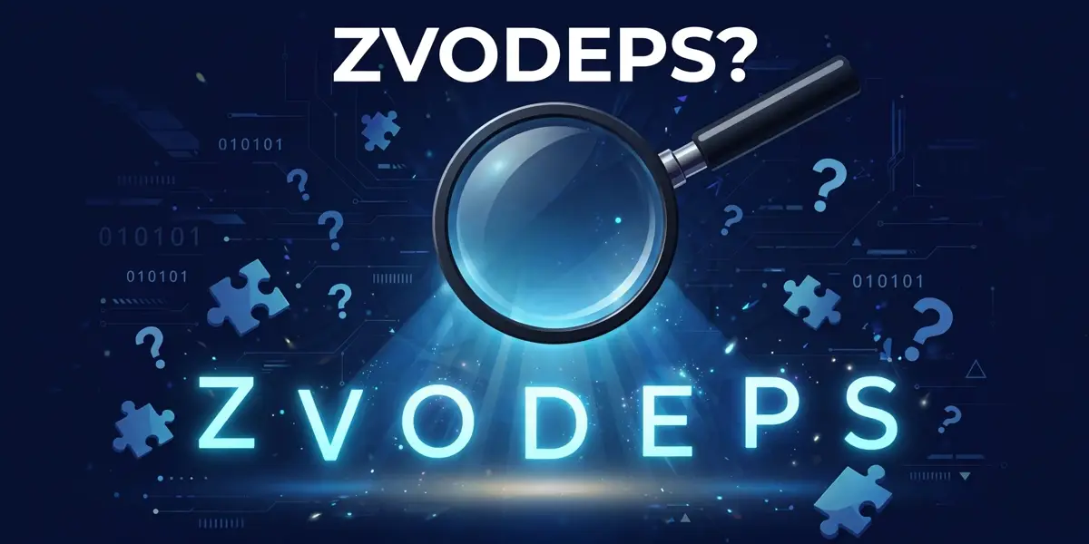 Illustration of a magnifying glass decoding the mysterious term Zvodeps, with glowing letters and question marks on a dark blue background