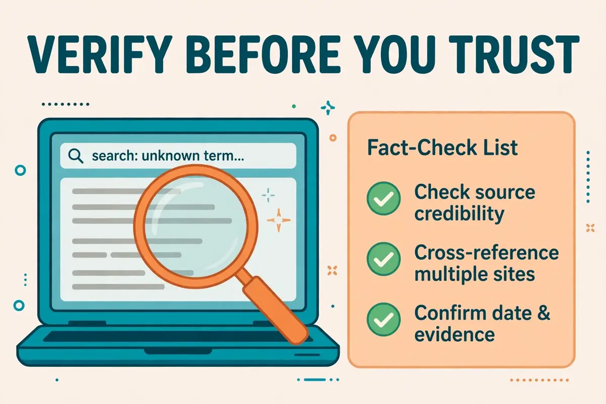 Checklist graphic showing how to verify an unfamiliar term before trusting online definitions: check source credibility, cross-reference multiple sites, confirm date and evidence